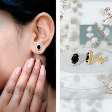 Load image into Gallery viewer, 2 Carat Oval Shaped Black and White Diamond Stud Earrings in Yellow Gold Plated Silver