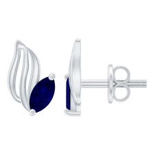 Load image into Gallery viewer, Genuine Marquise Cut Blue Sapphire Leaf Stud Earrings in Silver