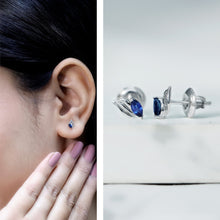 Load image into Gallery viewer, Genuine Marquise Cut Blue Sapphire Leaf Stud Earrings in Silver