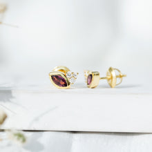 Load image into Gallery viewer, Bezel Set Rhodolite Garnet Stud Earrings with Diamonds