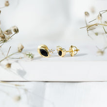 Load image into Gallery viewer, Natural Black Onyx Stud Earrings with Diamond Trio