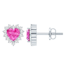 Load image into Gallery viewer, 0.6 Carat Lab Grown Pink Sapphire Heart Stud Earrings with Diamond Halo