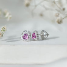 Load image into Gallery viewer, 0.6 Carat Lab Grown Pink Sapphire Heart Stud Earrings with Diamond Halo