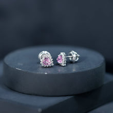 Load image into Gallery viewer, 0.6 Carat Lab Grown Pink Sapphire Heart Stud Earrings with Diamond Halo