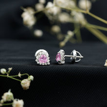 Load image into Gallery viewer, 0.6 Carat Lab Grown Pink Sapphire Heart Stud Earrings with Diamond Halo