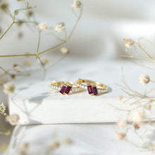 Load image into Gallery viewer, Rhodolite Garnet and Diamond Hoop Earrings in Gold Plated Silver