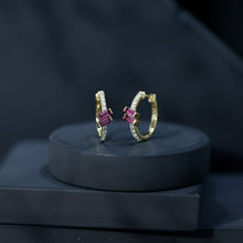 Load image into Gallery viewer, Rhodolite Garnet and Diamond Hoop Earrings in Gold Plated Silver