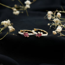 Load image into Gallery viewer, Rhodolite Garnet and Diamond Hoop Earrings in Gold Plated Silver