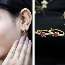 Load image into Gallery viewer, Rhodolite Garnet and Diamond Hoop Earrings in Gold Plated Silver