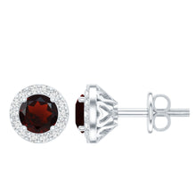 Load image into Gallery viewer, Genuine Garnet Stud Earrings with Lab Grown Diamond Halo
