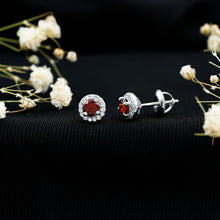 Load image into Gallery viewer, Genuine Garnet Stud Earrings with Lab Grown Diamond Halo