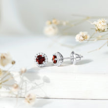 Load image into Gallery viewer, Genuine Garnet Stud Earrings with Lab Grown Diamond Halo