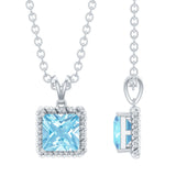 Natural Half Carat Aquamarine Princess Cut Necklace with Silver Chain