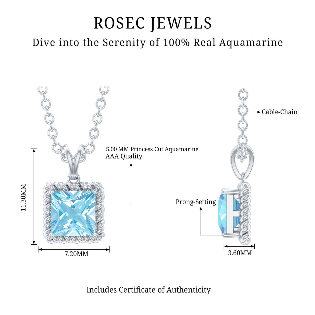 Natural Half Carat Aquamarine Princess Cut Necklace with Silver Chain