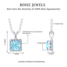 Load image into Gallery viewer, Natural Half Carat Aquamarine Princess Cut Necklace with Silver Chain
