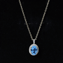 Load image into Gallery viewer, Natural 1 Carat Swiss Blue Topaz and Diamond Halo Necklace With Silver Chain