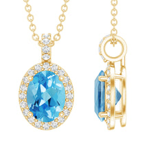 Load image into Gallery viewer, Natural 1 Carat Swiss Blue Topaz and Diamond Halo Necklace With Silver Chain