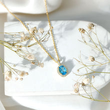 Load image into Gallery viewer, Natural 1 Carat Swiss Blue Topaz and Diamond Halo Necklace With Silver Chain