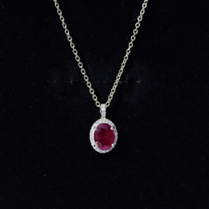 Natural 1.5 Carat Ruby Pendant Necklace with Diamond Halo in Gold Plated Silver