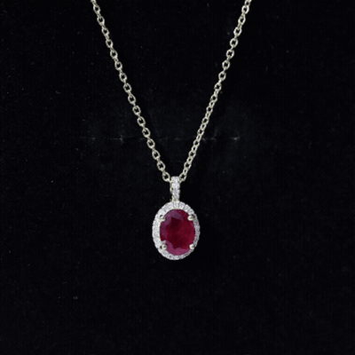 Natural 1.5 Carat Ruby Pendant Necklace with Diamond Halo in Gold Plated Silver