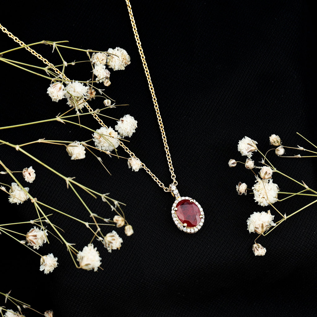 Natural 1.5 Carat Ruby Pendant Necklace with Diamond Halo in Gold Plated Silver