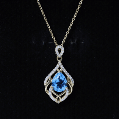 2.2 Carat Swiss Blue Topaz Designer Wedding Necklace with Lab Diamond