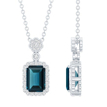 Load image into Gallery viewer, Genuine 1.1 Carat London Blue Topaz Emerald Cut Necklace with Diamond Halo