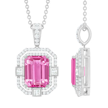 Load image into Gallery viewer, Certified 2.3 Carat Emerald Cut Lab Grown Pink Sapphire Diamond Vintage Necklace