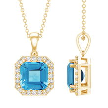 Load image into Gallery viewer, Certified 3 Carat Asscher Cut Swiss Blue Topaz Pendant Necklace with Diamond Halo