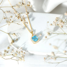 Load image into Gallery viewer, Certified 3 Carat Asscher Cut Swiss Blue Topaz Pendant Necklace with Diamond Halo