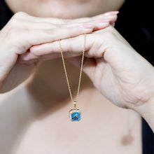Load image into Gallery viewer, Certified 3 Carat Asscher Cut Swiss Blue Topaz Pendant Necklace with Diamond Halo