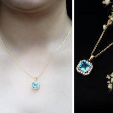 Load image into Gallery viewer, Certified 3 Carat Asscher Cut Swiss Blue Topaz Pendant Necklace with Diamond Halo
