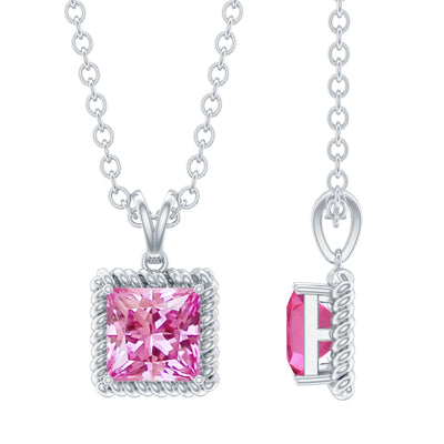 Princess Cut 0.7 Carat Lab Created Pink Sapphire Solitaire Pendant Necklace