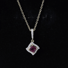 Load image into Gallery viewer, Princess Cut Rhodolite and Diamond Halo Pendant Necklace