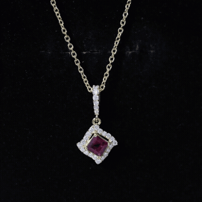 Princess Cut Rhodolite and Diamond Halo Pendant Necklace