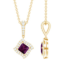 Load image into Gallery viewer, Princess Cut Rhodolite and Diamond Halo Pendant Necklace