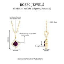 Load image into Gallery viewer, Princess Cut Rhodolite and Diamond Halo Pendant Necklace