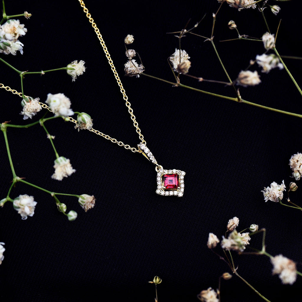 Princess Cut Rhodolite and Diamond Halo Pendant Necklace
