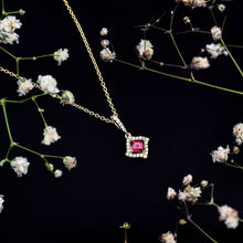 Load image into Gallery viewer, Princess Cut Rhodolite and Diamond Halo Pendant Necklace