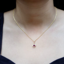 Load image into Gallery viewer, Princess Cut Rhodolite and Diamond Halo Pendant Necklace