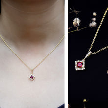Load image into Gallery viewer, Princess Cut Rhodolite and Diamond Halo Pendant Necklace