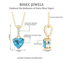 Load image into Gallery viewer, 0.9 Carat Swiss Blue Topaz Solitaire and Diamond Heart Necklace with Chain