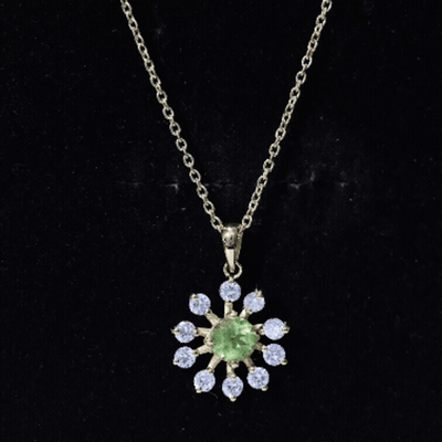 Green Peridot and Diamond Flower Pendant Necklace