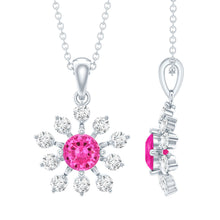 Load image into Gallery viewer, Lab Created Pink Sapphire and Diamond Flower Pendant Necklace