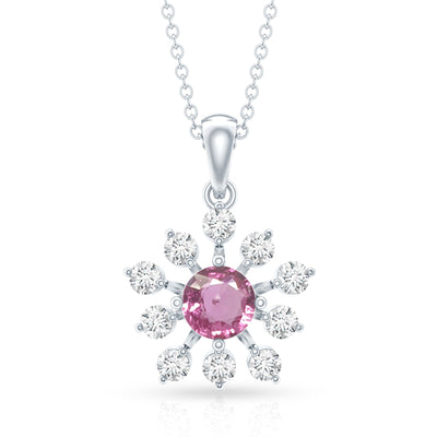 Genuine 0.58 Carat Pink Sapphire and Diamond Flower Pendant Necklace