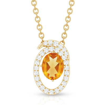 Genuine Oval Shape Citrine Necklace with Lab Diamond in Yellow Gold Plated Silver