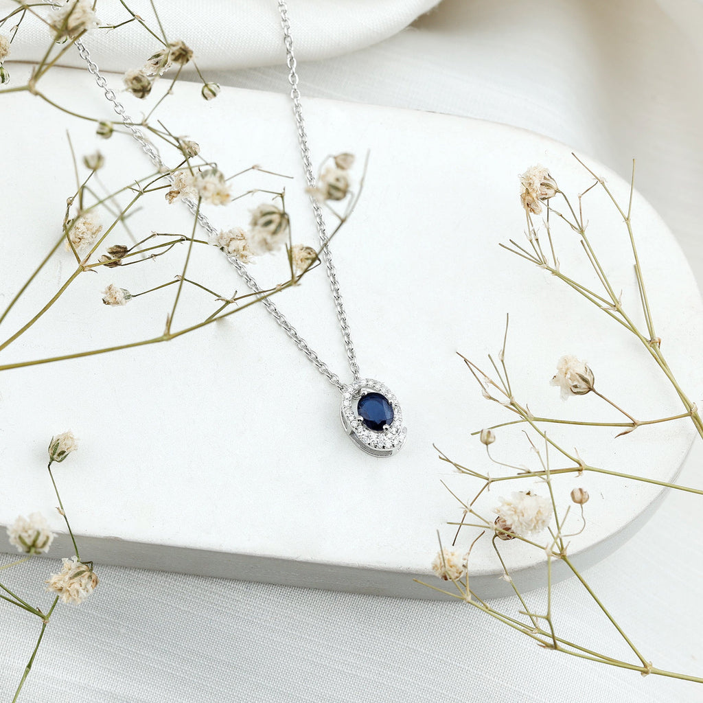 Certified Oval Shape Blue Sapphire Diamond Pendant Necklace with Chain