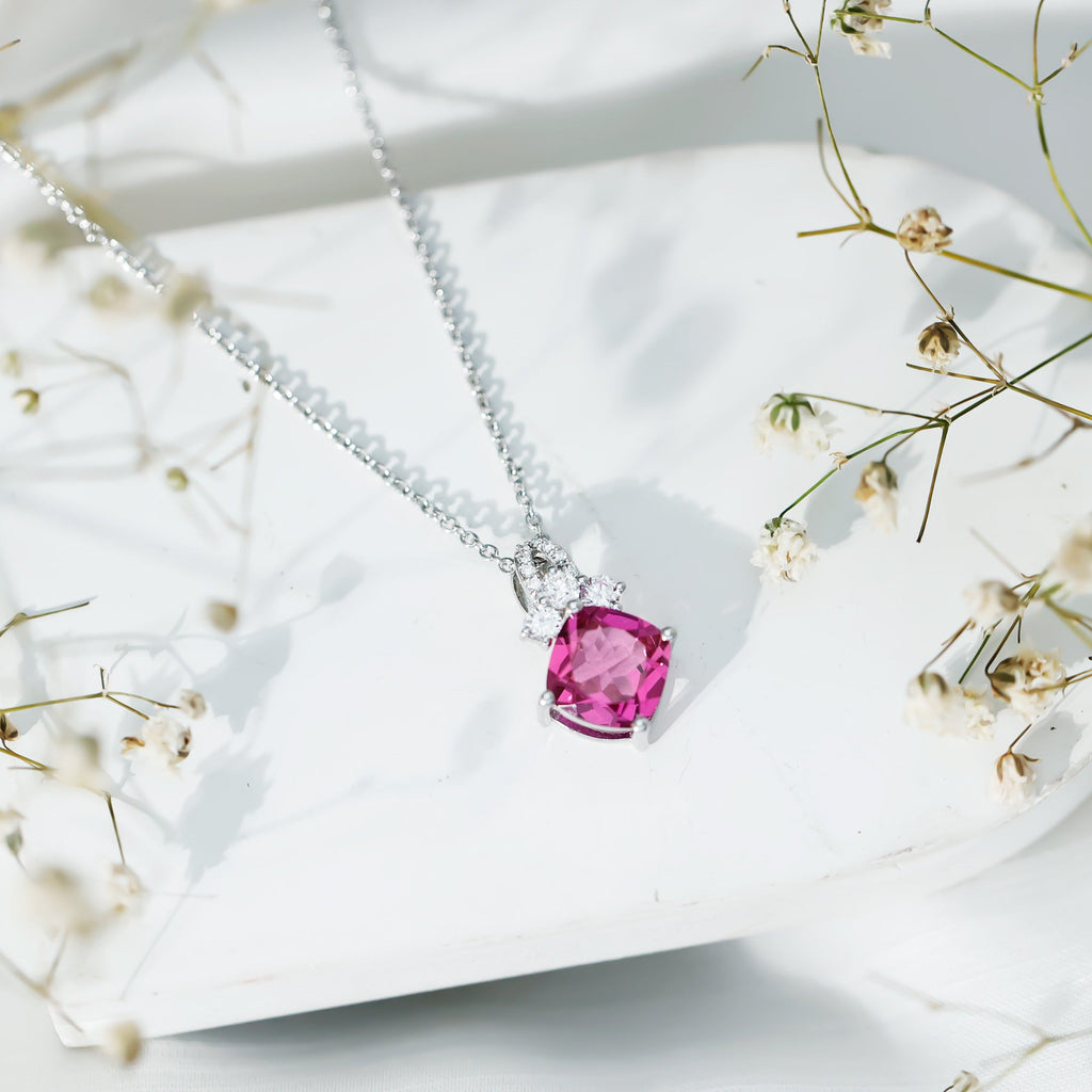 Certified 4.5 Carat Lab Created Pink Sapphire Bridal Necklace with Chain