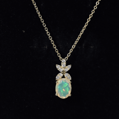 2 Carat Oval Shaped Ethiopian Opal and Diamond Flower Necklace with Chain