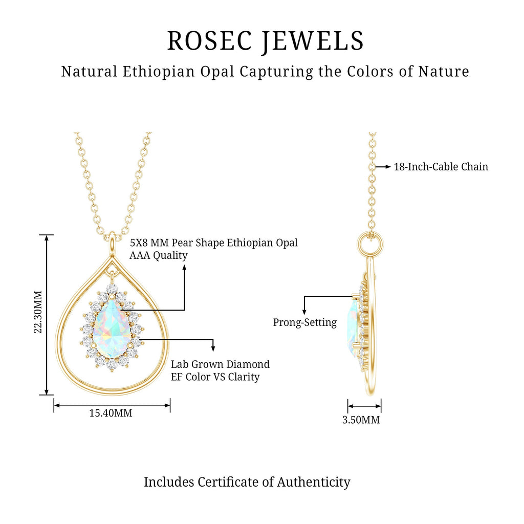 Natural 0.6 Carat Ethiopian Opal Teardrop Pendant Necklace with Lab Diamond Halo